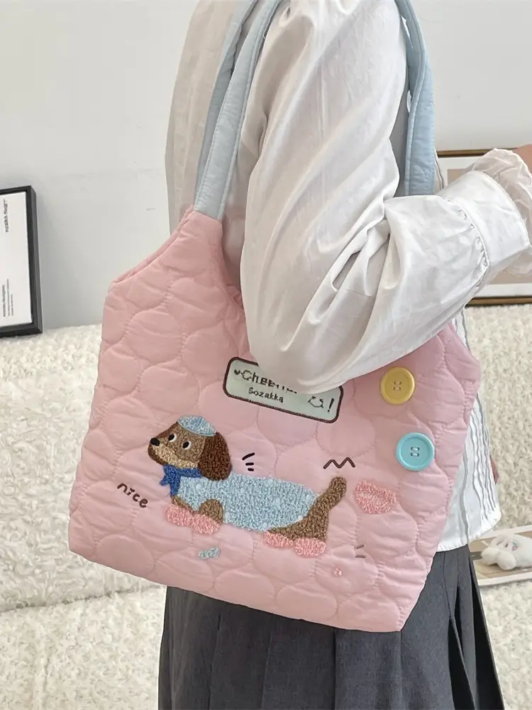 Cute Embroidered Puppy Shoulder Bag Pink Large Capacity - Image 7