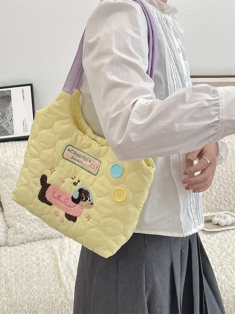 Cute Embroidered Puppy Shoulder Bag Pink Large Capacity - Image 8
