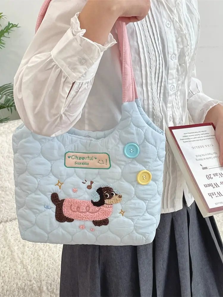 Cute Embroidered Puppy Shoulder Bag Pink Large Capacity - Image 9