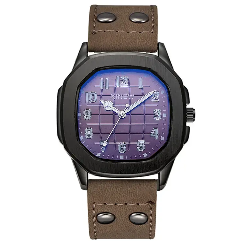 Men's Brown Leather Band Quartz Watch Blue Dial - Image 12