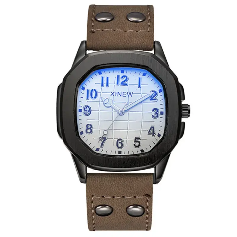 Men's Brown Leather Band Quartz Watch Blue Dial - Image 10
