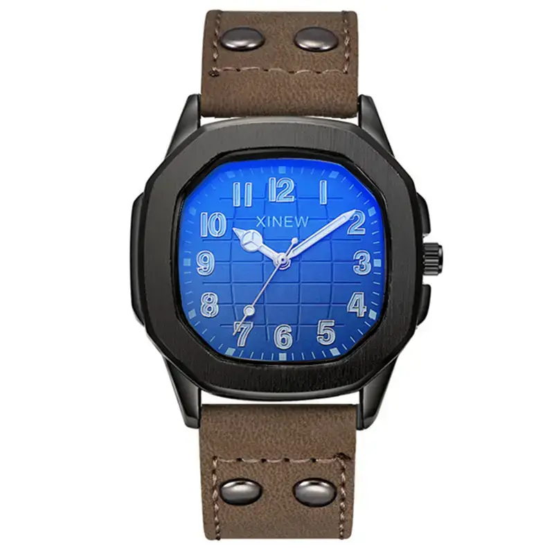 Men's Brown Leather Band Quartz Watch Blue Dial - Image 11
