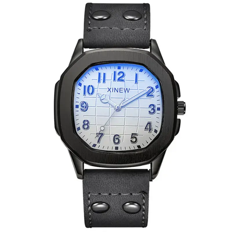 Men's Brown Leather Band Quartz Watch Blue Dial - Image 2