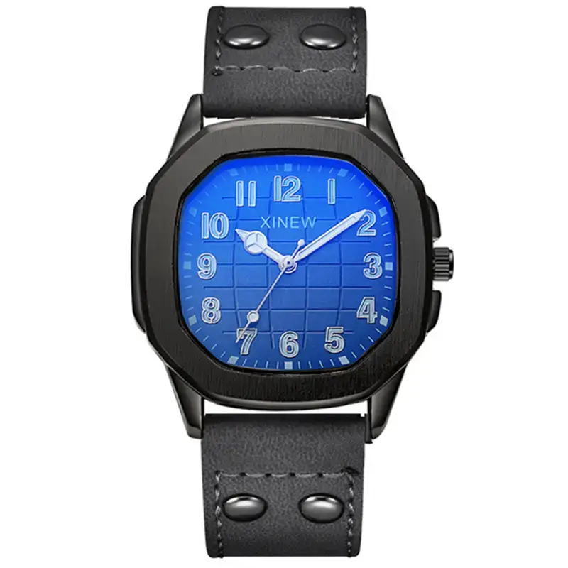 Men's Brown Leather Band Quartz Watch Blue Dial - Image 3