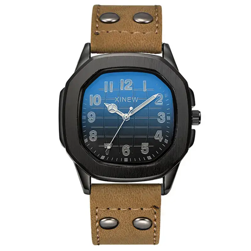 Men's Brown Leather Band Quartz Watch Blue Dial - Image 5