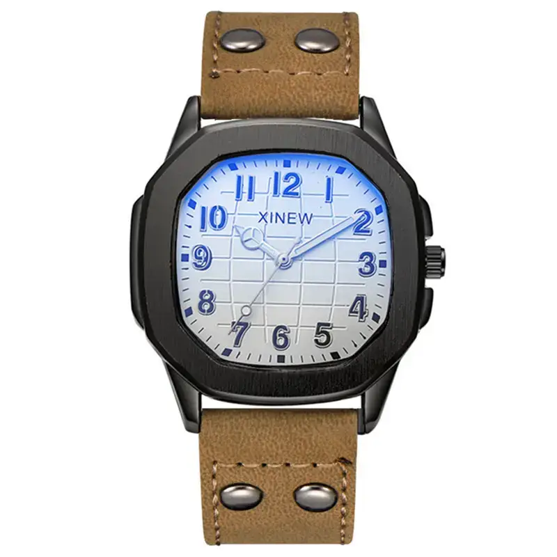 Men's Brown Leather Band Quartz Watch Blue Dial - Image 6