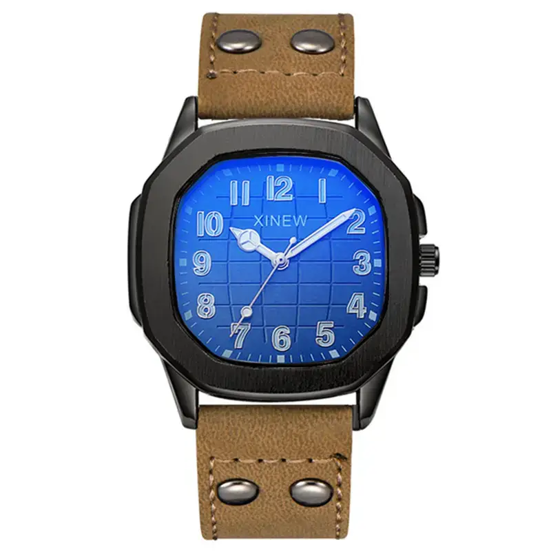 Men's Brown Leather Band Quartz Watch Blue Dial - Image 7