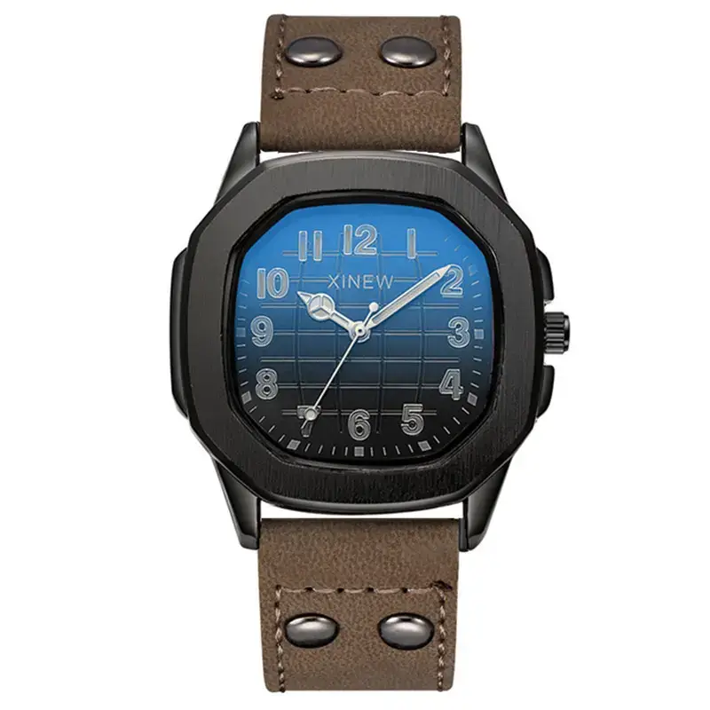 Men's Brown Leather Band Quartz Watch Blue Dial - Image 9