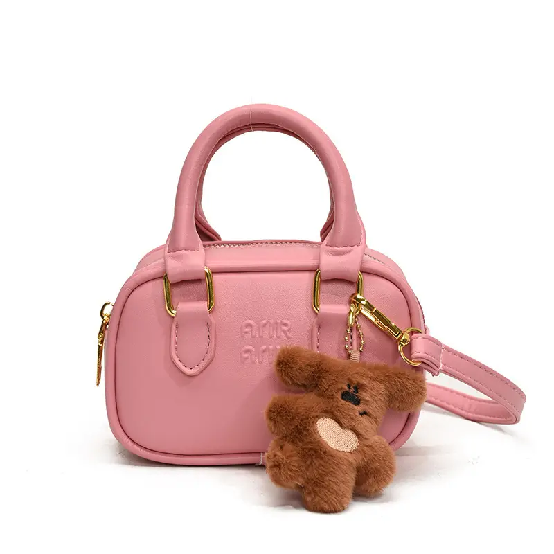 Pink Korean Style Mini Shoulder Bag with Bear Pendant - Image 4