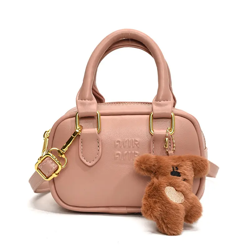 Pink Korean Style Mini Shoulder Bag with Bear Pendant - Image 7