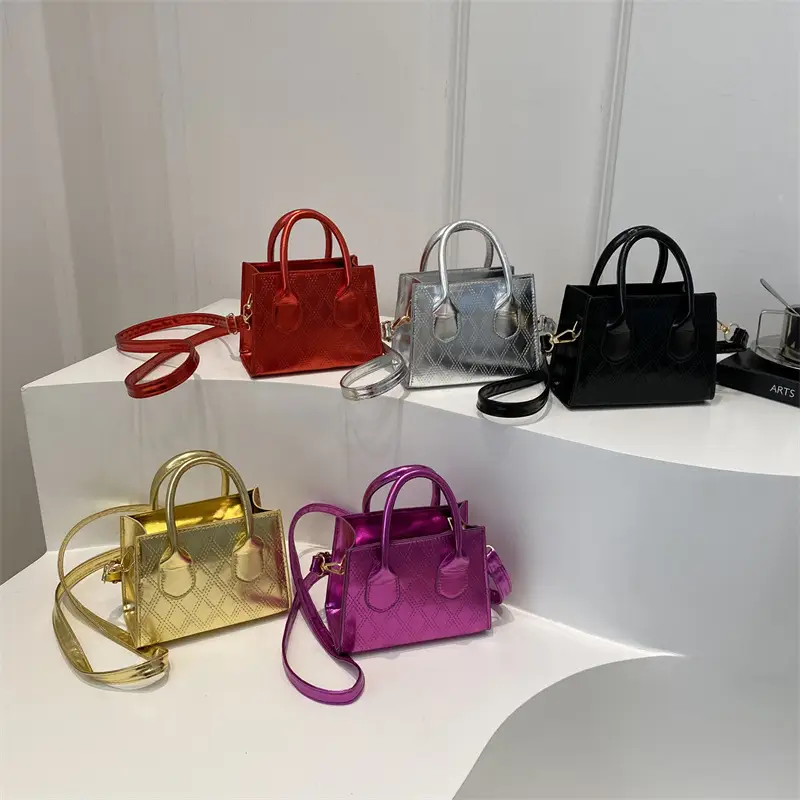 Women's Patent Leather Handbag with Diamond Plaid Design