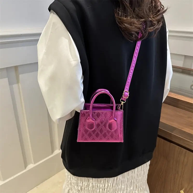 Women's Patent Leather Handbag with Diamond Plaid Design