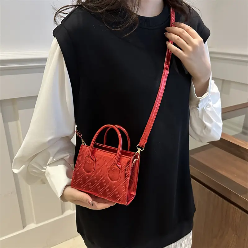 Women's Patent Leather Handbag with Diamond Plaid Design