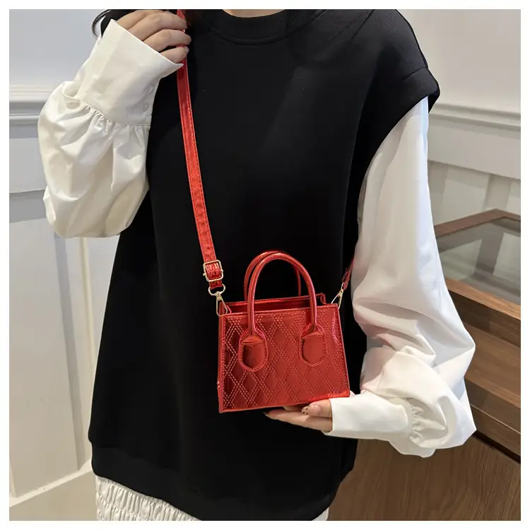 Women's Patent Leather Handbag with Diamond Plaid Design — feature 18