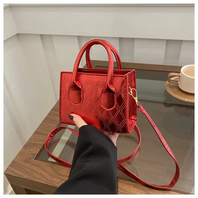 Women's Patent Leather Handbag with Diamond Plaid Design — feature 26