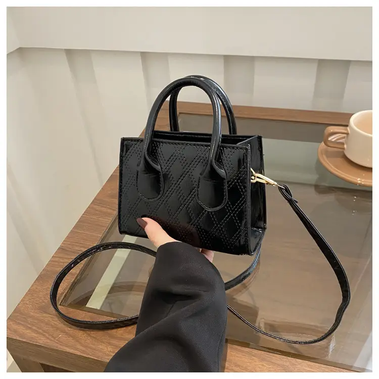 Women's Patent Leather Handbag with Diamond Plaid Design — feature 28