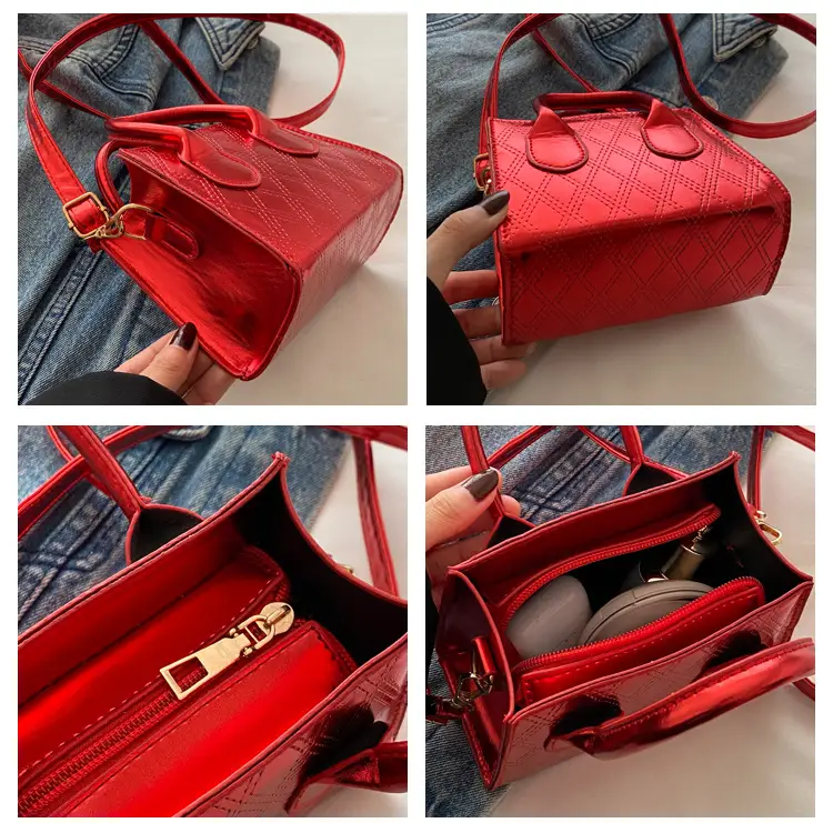 Women's Patent Leather Handbag with Diamond Plaid Design — feature 9