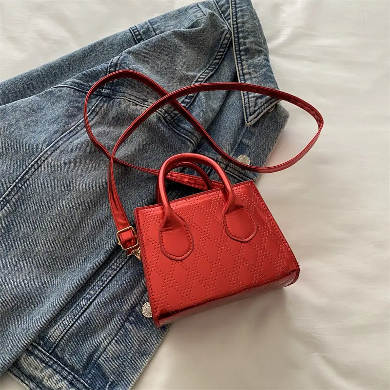 Women's Patent Leather Handbag with Diamond Plaid Design