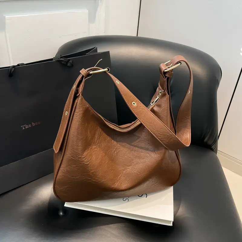 Black Leather Textured Shoulder Bag for Women 2024