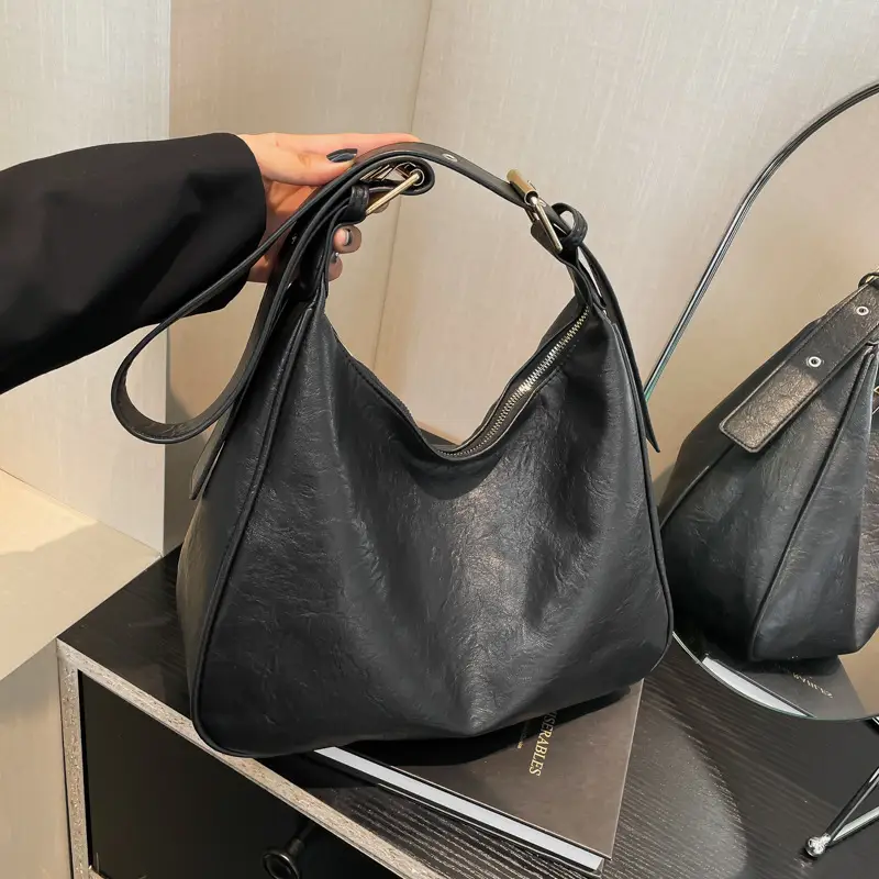 Black Leather Textured Shoulder Bag for Women 2024