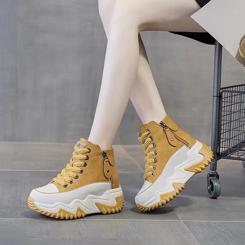 Soft Leather High-Top Dad Shoes for Women White Autum New 5cm Versatile White Shoes with Increased Height British Boots - Image 2