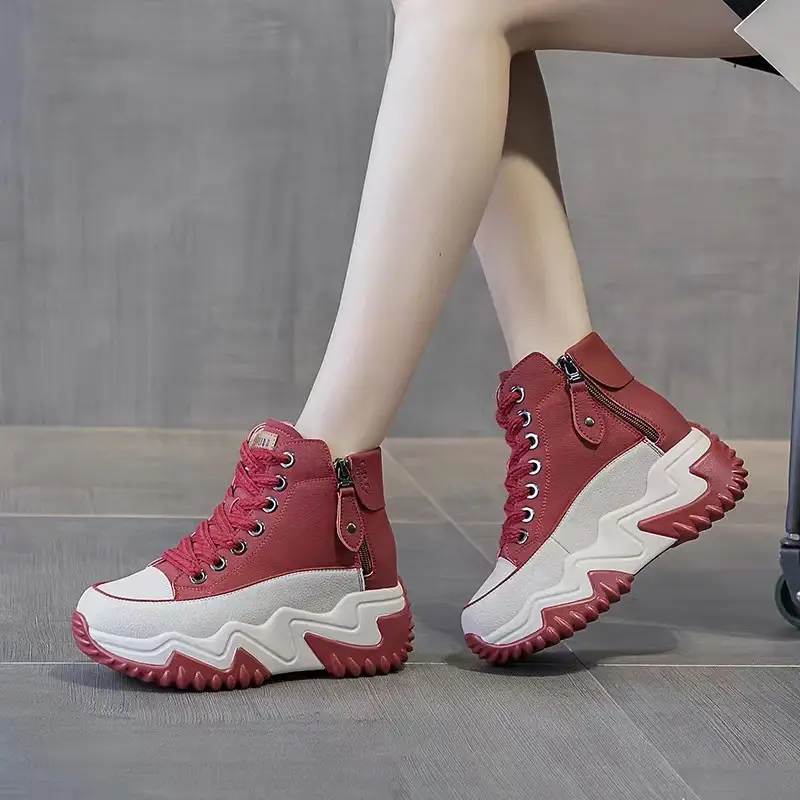 Soft Leather High-Top Dad Shoes for Women White Autum New 5cm Versatile White Shoes with Increased Height British Boots - Image 7