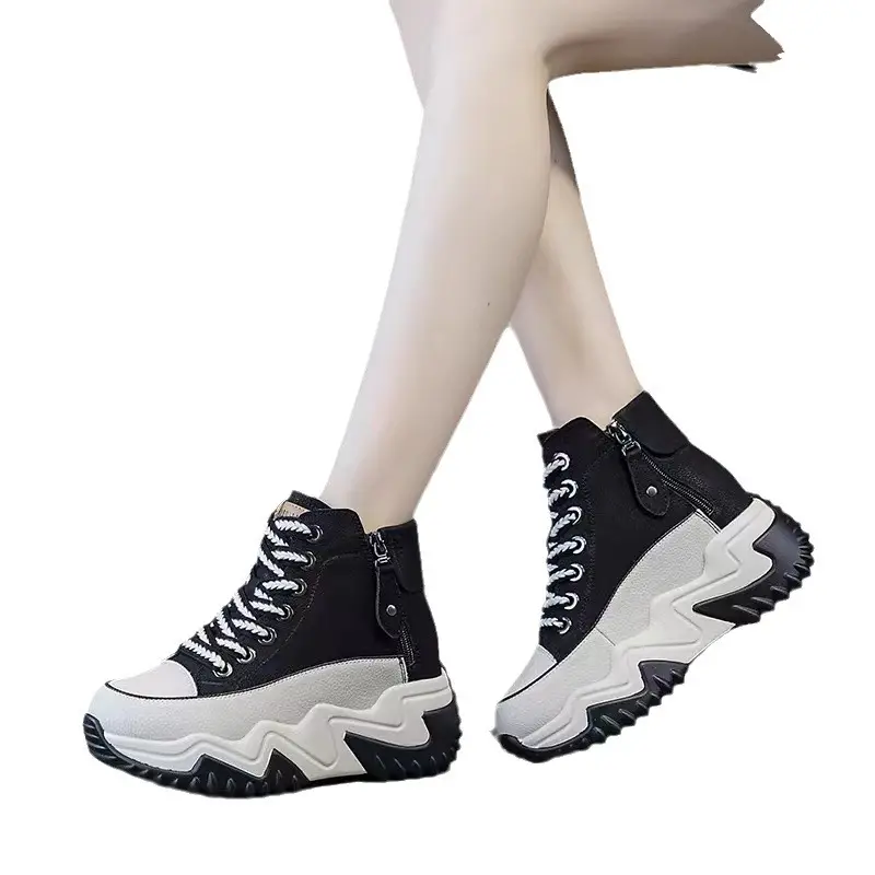 Soft Leather High-Top Dad Shoes for Women White Autum New 5cm Versatile White Shoes with Increased Height British Boots - Image 8