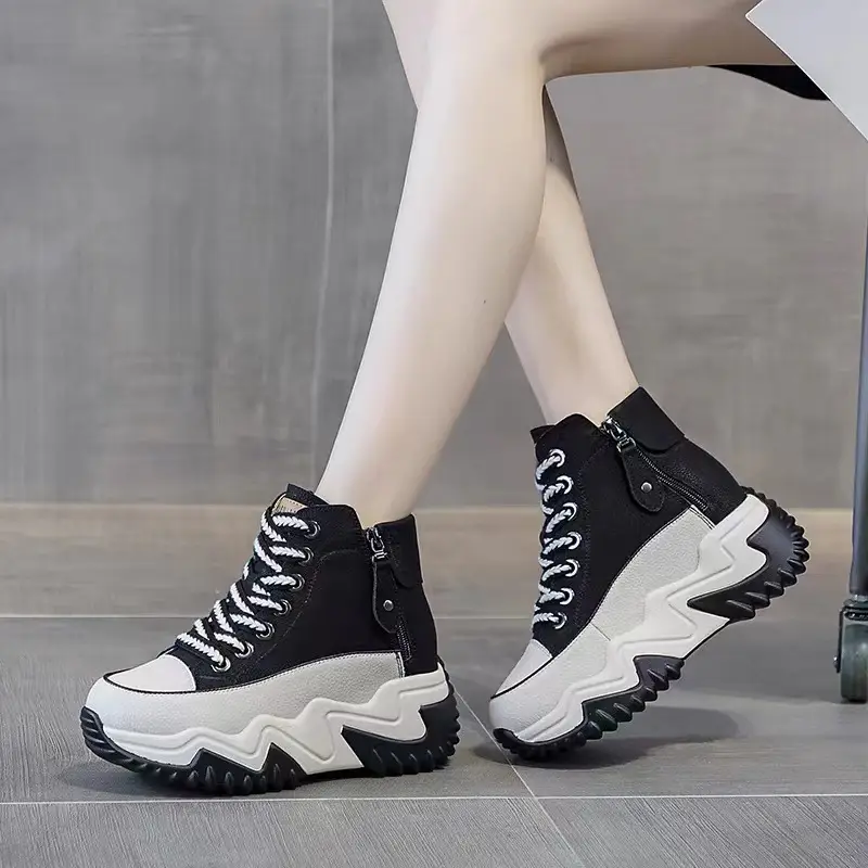 Soft Leather High-Top Dad Shoes for Women White Autum New 5cm Versatile White Shoes with Increased Height British Boots — feature 2