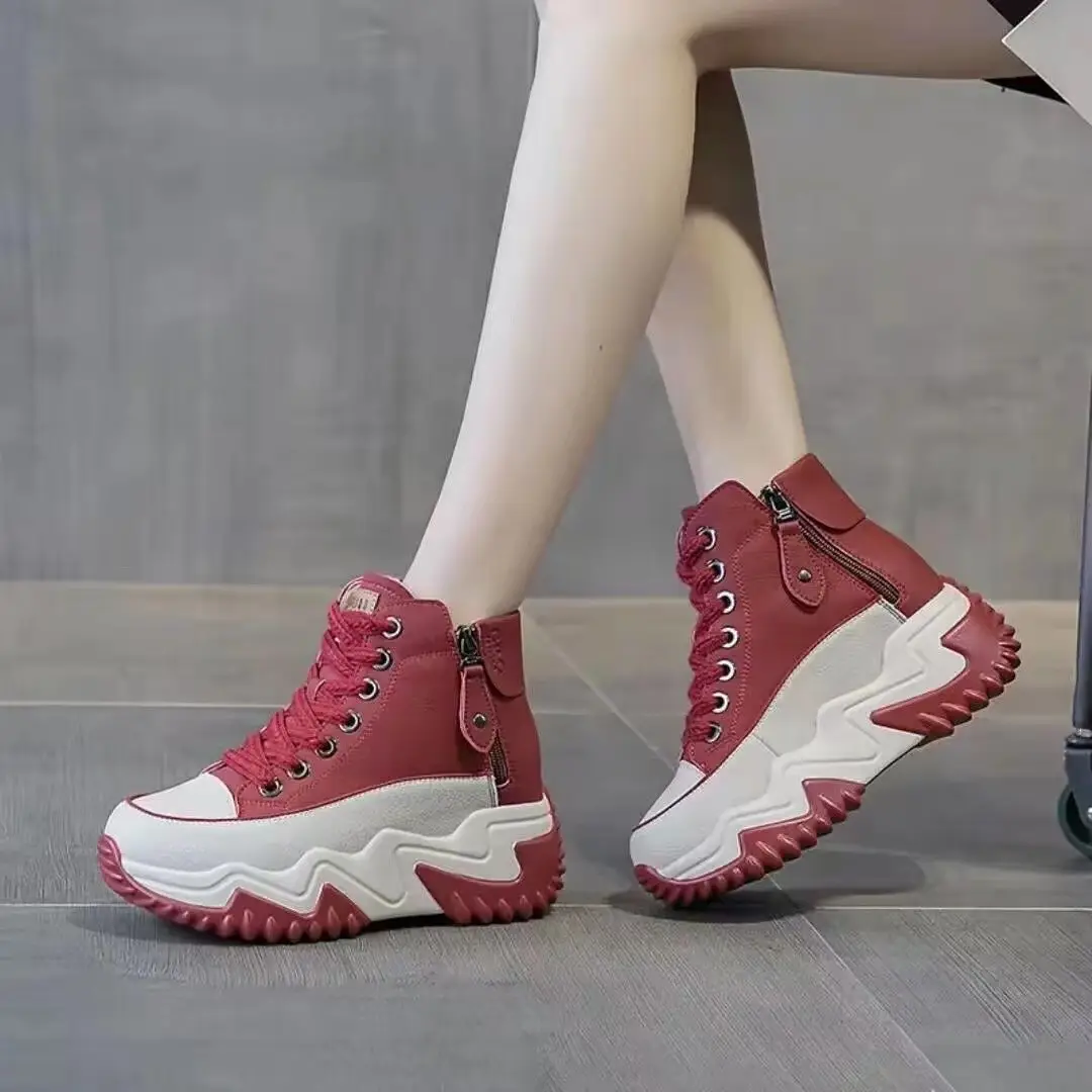 Soft Leather High-Top Dad Shoes for Women White Autum New 5cm Versatile White Shoes with Increased Height British Boots — feature 4