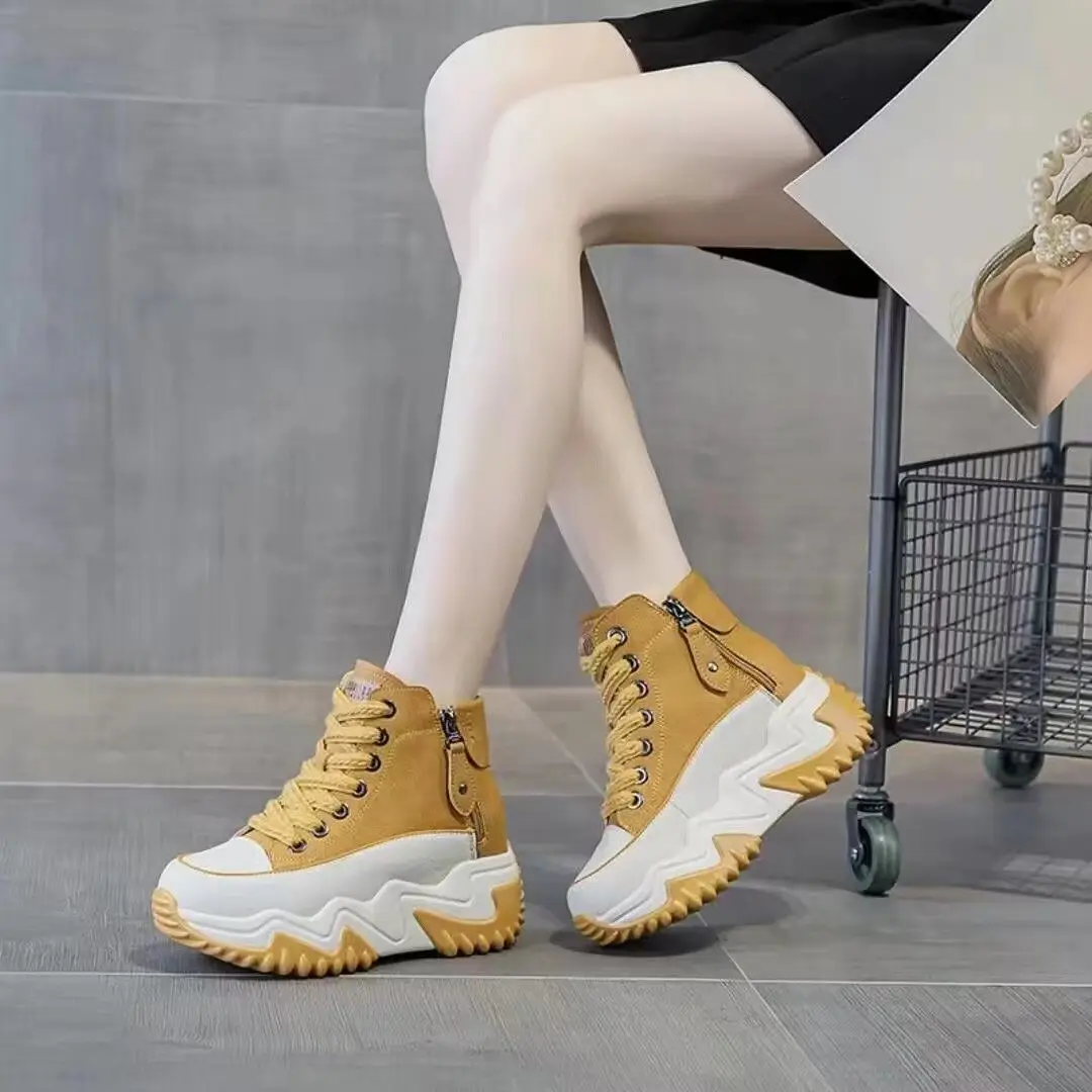 Soft Leather High-Top Dad Shoes for Women White Autum New 5cm Versatile White Shoes with Increased Height British Boots — feature 5