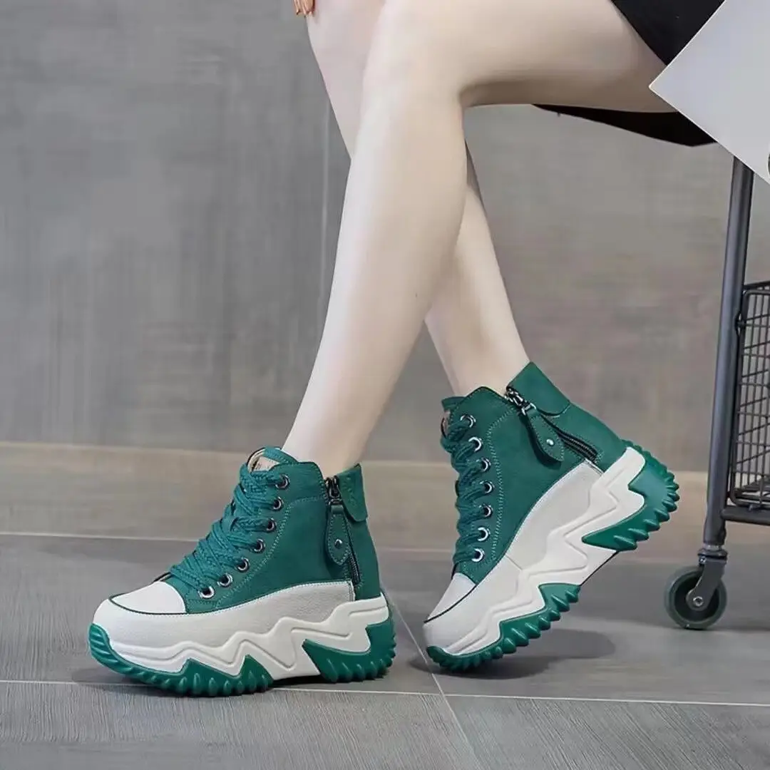 Soft Leather High-Top Dad Shoes for Women White Autum New 5cm Versatile White Shoes with Increased Height British Boots — feature 7