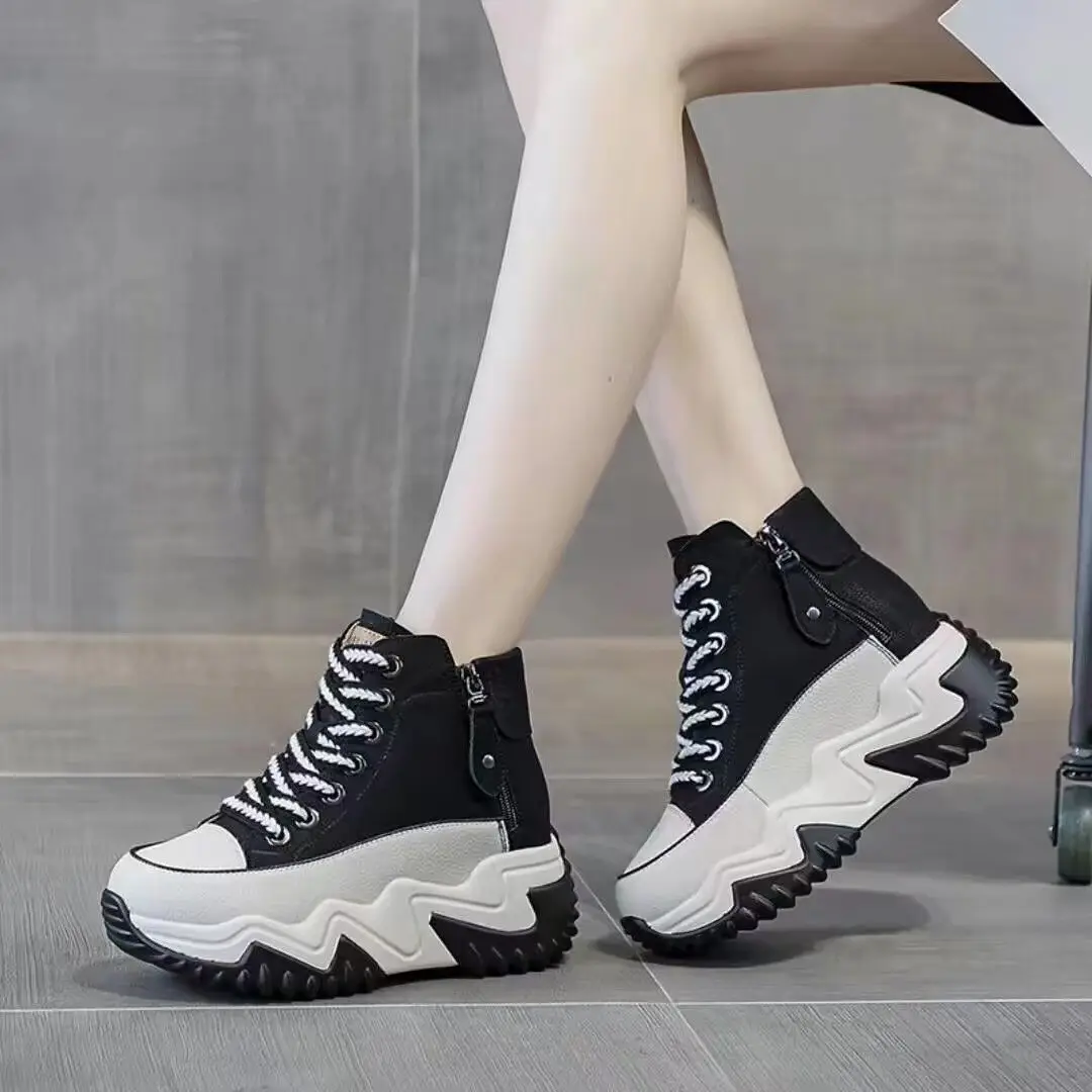 Soft Leather High-Top Dad Shoes for Women White Autum New 5cm Versatile White Shoes with Increased Height British Boots — feature 8