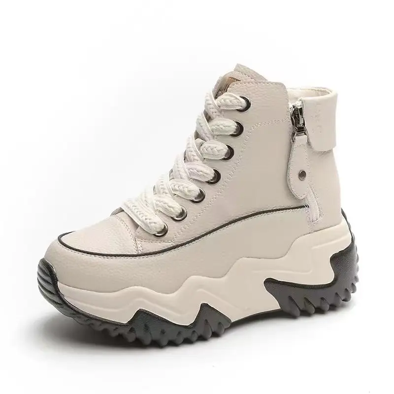 Soft Leather High-Top Dad Shoes for Women White Autum New 5cm Versatile White Shoes with Increased Height British Boots - Image 5
