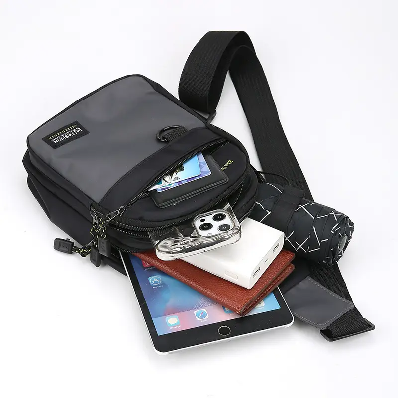 Men's Black Nylon Chest Bag with Metal Ring - Image 6