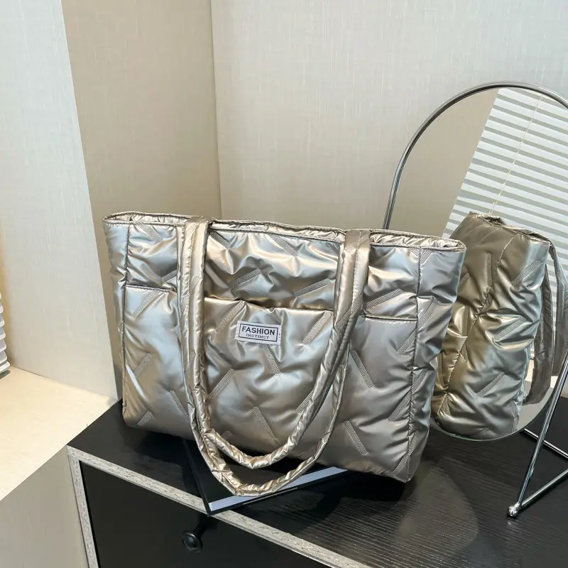 Women's Silver Padded Shoulder Tote Bag Large Capacity - Image 5