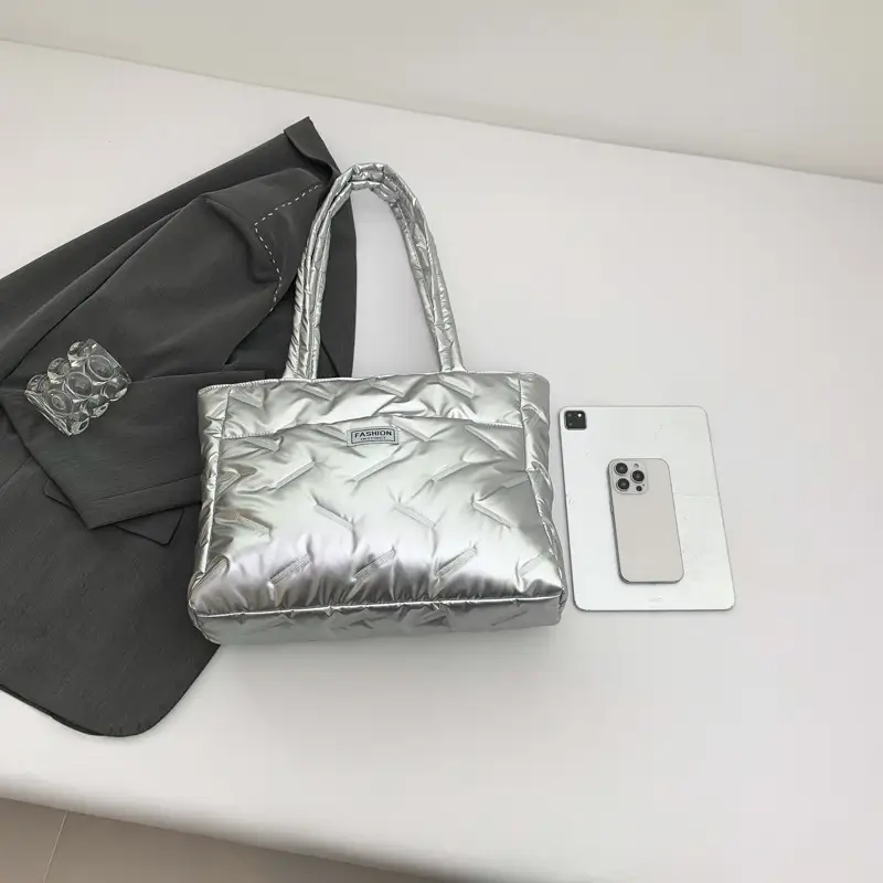 Women's Silver Padded Shoulder Tote Bag Large Capacity - Image 6