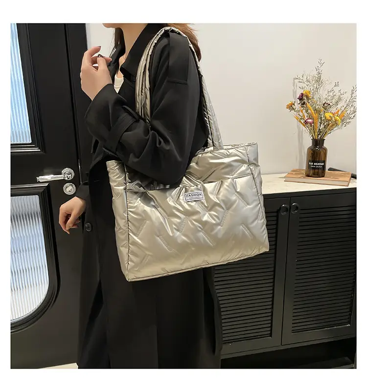 Women's Silver Padded Shoulder Tote Bag Large Capacity — feature 13