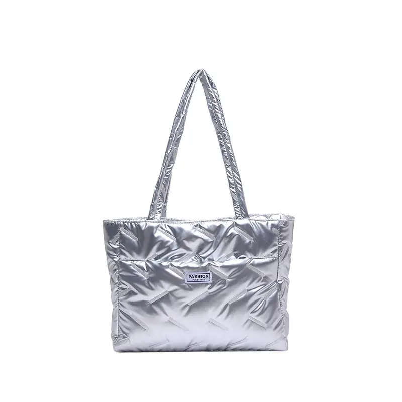 Women's Silver Padded Shoulder Tote Bag Large Capacity - Image 2
