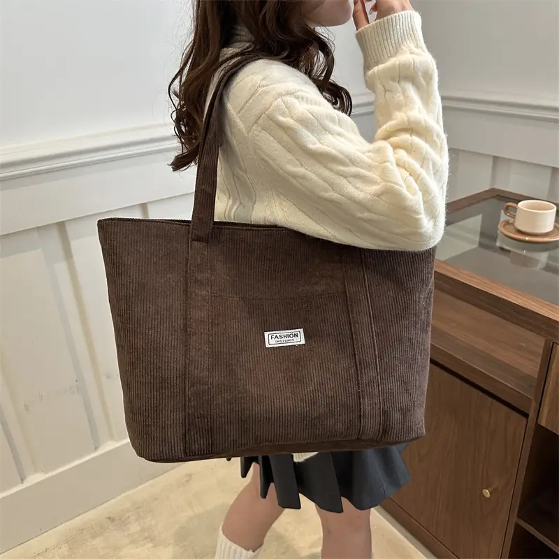 Beige Fleece Tote Bag Large Capacity College Student Shoulder Carry - Image 7