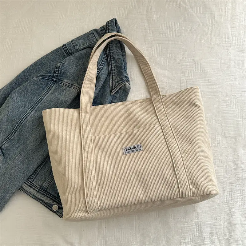 Beige Fleece Tote Bag Large Capacity College Student Shoulder Carry - Image 2