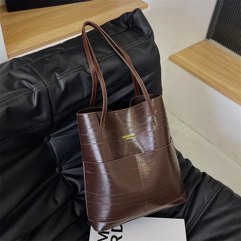 Brown Leather Shoulder Tote Bag Large Capacity Retro Casual Fashion - Image 4