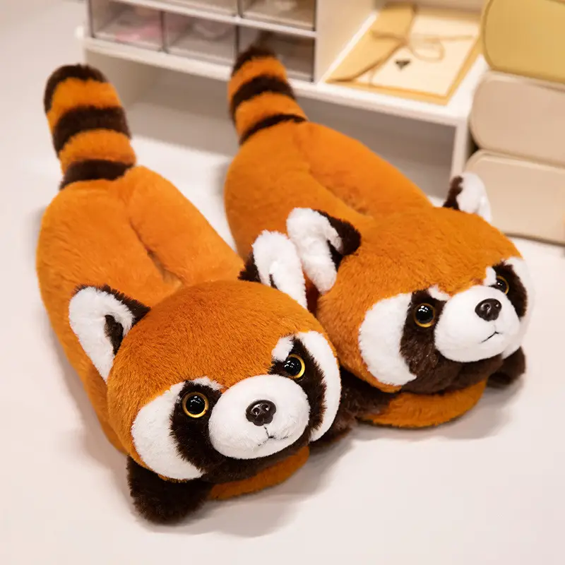 Red Panda Bag with Cotton Slippers Women's Winter Indoor Home Non-slip Cute High-top Plush Toy Warm fleece-lined Shoes - Image 3