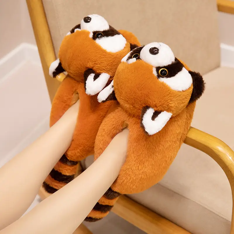 Red Panda Bag with Cotton Slippers Women's Winter Indoor Home Non-slip Cute High-top Plush Toy Warm fleece-lined Shoes - Image 4