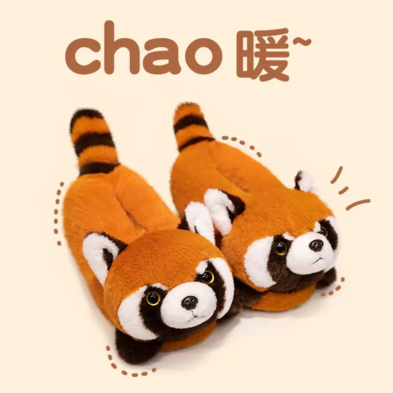 Red Panda Bag with Cotton Slippers Women's Winter Indoor Home Non-slip Cute High-top Plush Toy Warm fleece-lined Shoes — feature 12