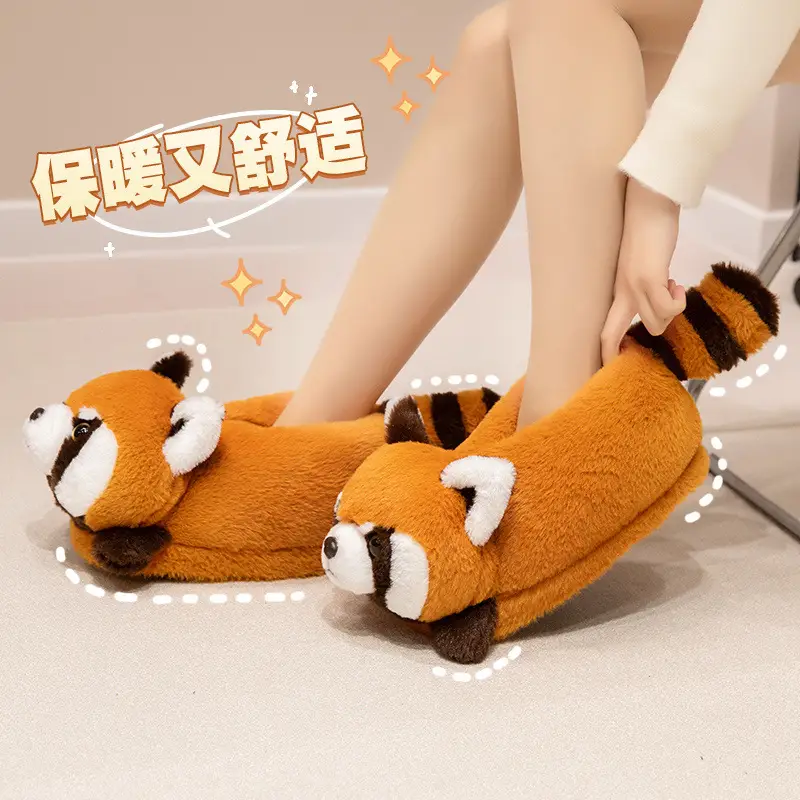 Red Panda Bag with Cotton Slippers Women's Winter Indoor Home Non-slip Cute High-top Plush Toy Warm fleece-lined Shoes — feature 9