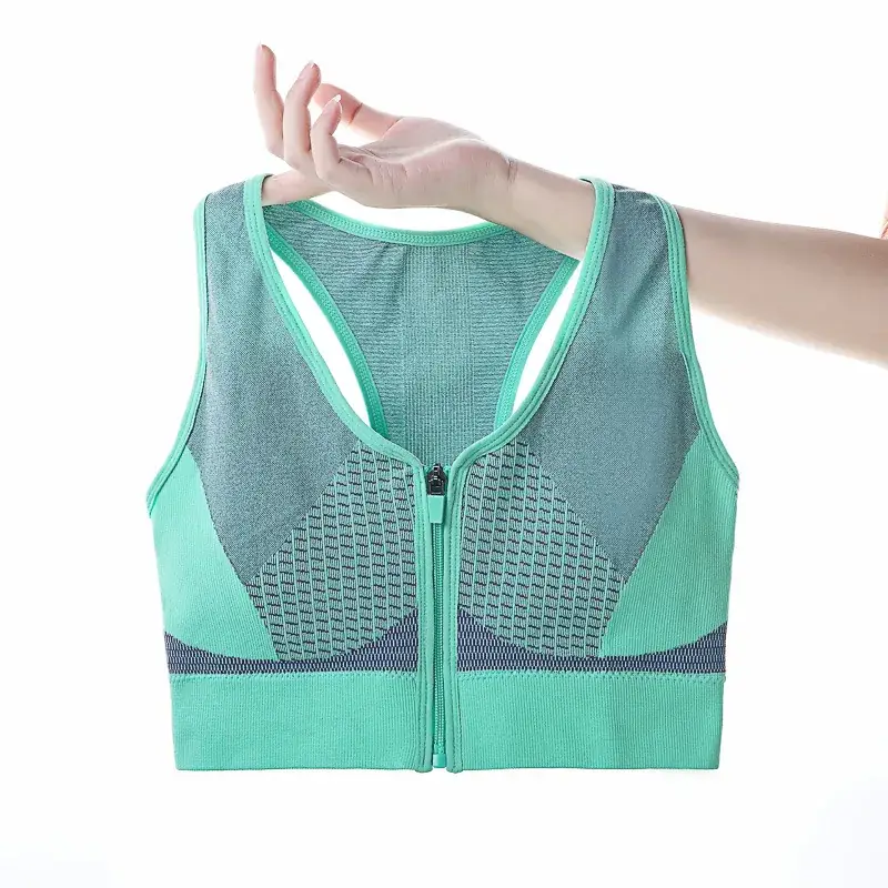 Women's Front Zipper Sports Bra Grey White Mesh Back