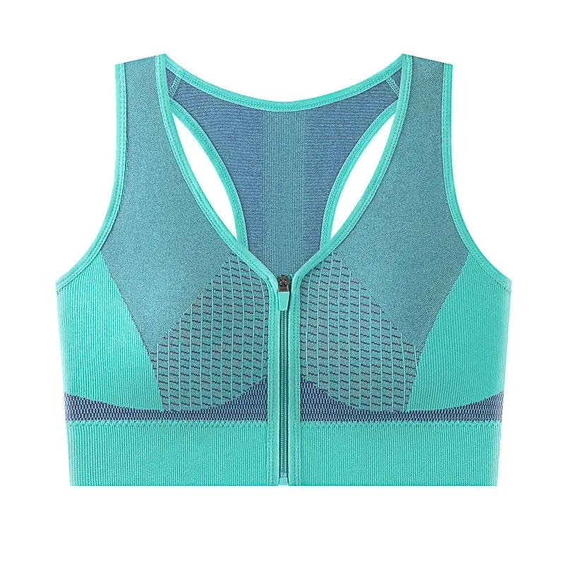 Women's Front Zipper Sports Bra Grey White Mesh Back