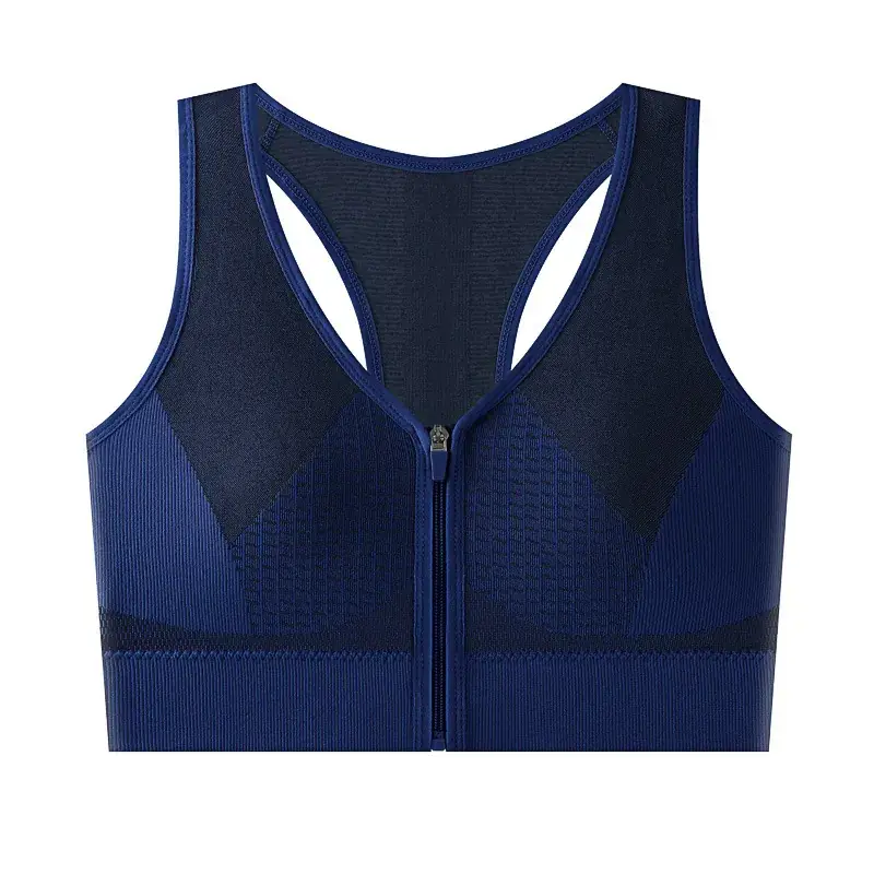 Women's Front Zipper Sports Bra Grey White Mesh Back