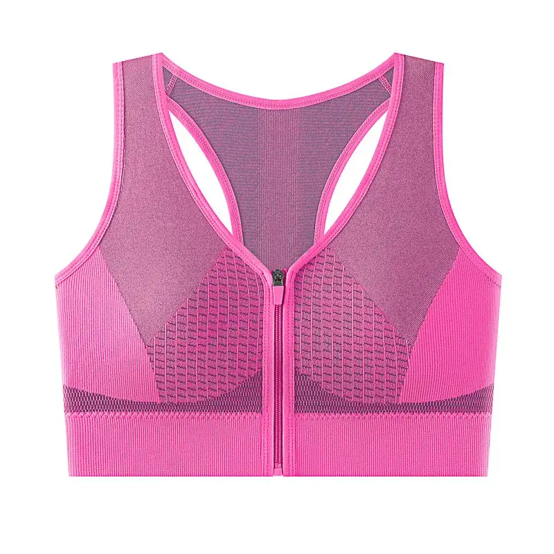 Women's Front Zipper Sports Bra Grey White Mesh Back