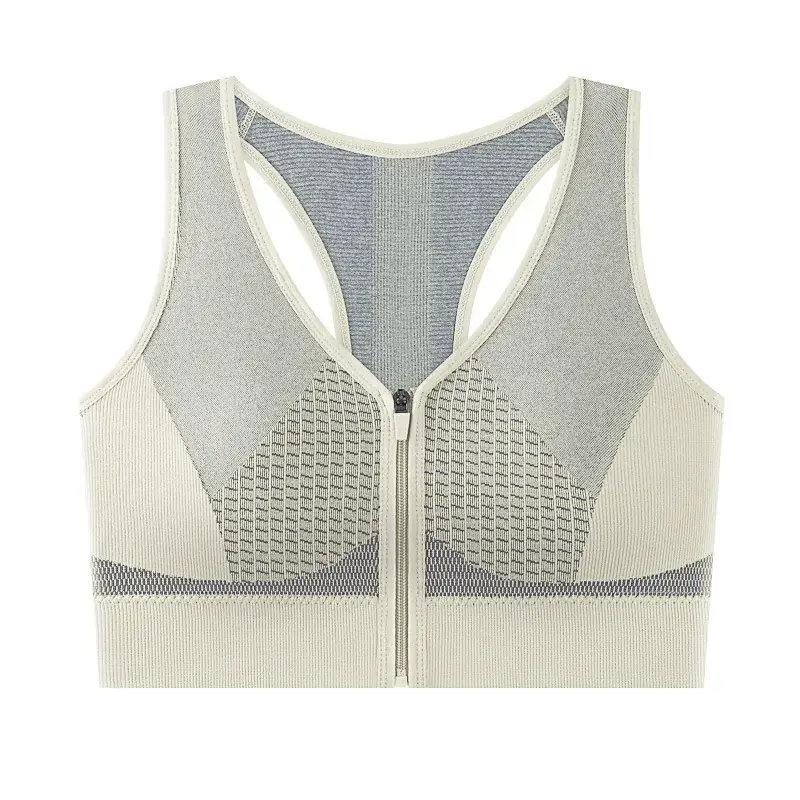 Women's Front Zipper Sports Bra Grey White Mesh Back